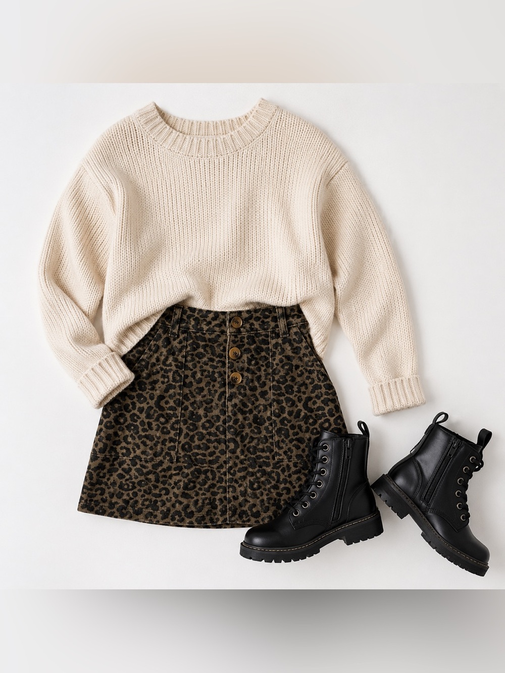 Zara Kids Khaki & Brown Leopard-Print Button-Front Cotton Mini Skirt Size 10